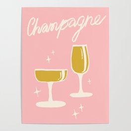 The Glasses Full of Champagne \\ Pink Background Poster | Girly, Alcohol, Glamour, Wine, Birthday, Drawing, Celebration, Christmas, Wedding, Drinks 