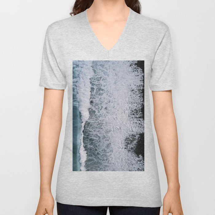 Waves from above on a Black Sand Beach V Neck T Shirt