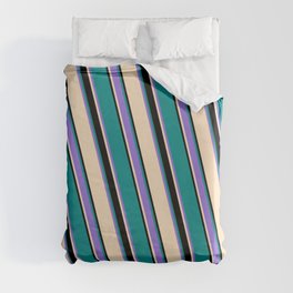 [ Thumbnail: Bisque, Black, Dark Cyan, and Purple Colored Striped Pattern Duvet Cover ]