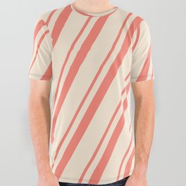 [ Thumbnail: Salmon and Beige Colored Striped Pattern All Over Graphic Tee ]