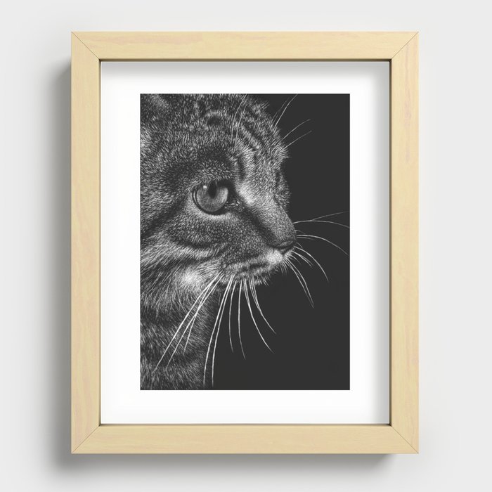 Tabby Cat Portrait Fine Art Scratchboard Recessed Framed Print