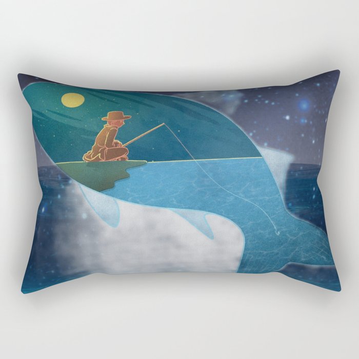Man fishing in the ocean at night under the moonlight. Rectangular Pillow
