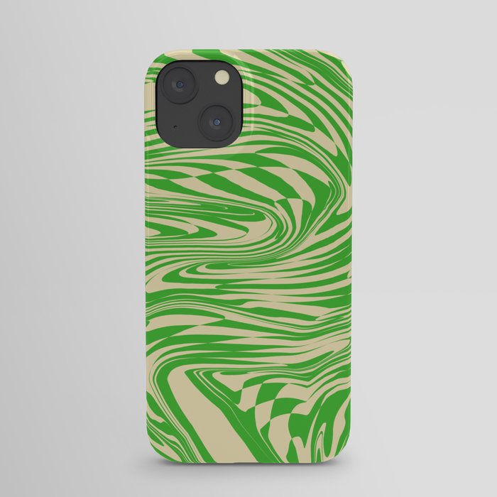 Psychedelic Warped Marble Wavy Checkerboard in Green and Cream iPhone Case