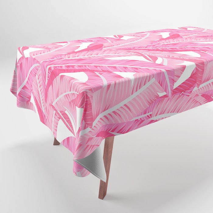 Pink banana leaves tropical pattern on white Tablecloth
