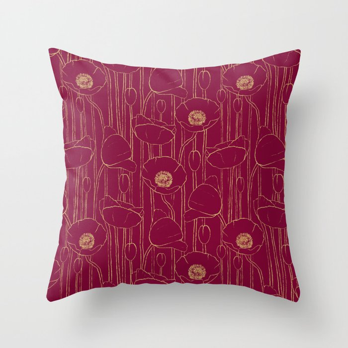 Poppies in Red and Gold, Poppy Pattern Throw Pillow