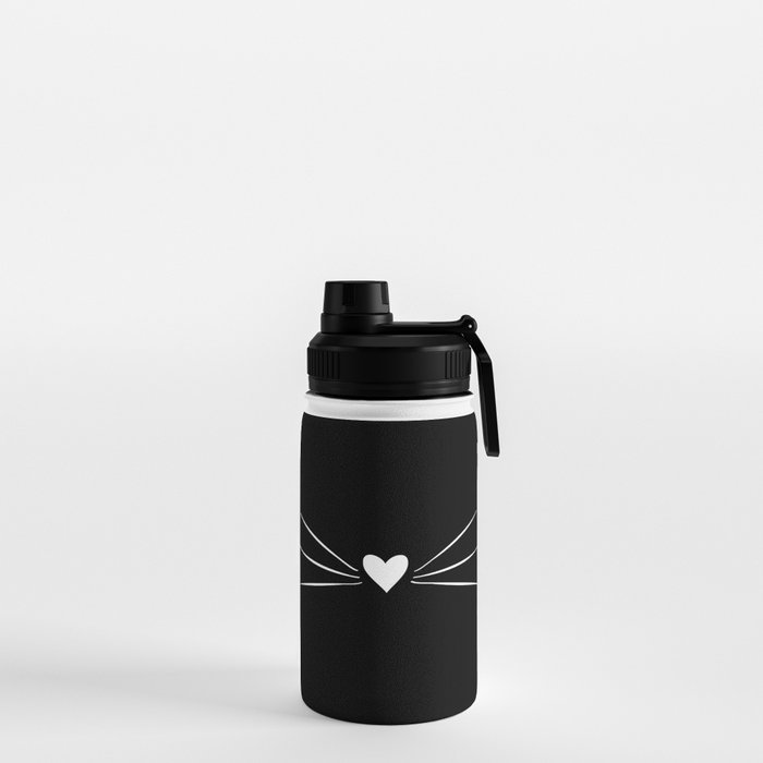 Cat Heart Nose & Whiskers White on Black Water Bottle