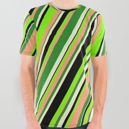 [ Thumbnail: Eyecatching Chartreuse, Light Salmon, Forest Green, Beige & Black Colored Striped/Lined Pattern All Over Graphic Tee ]
