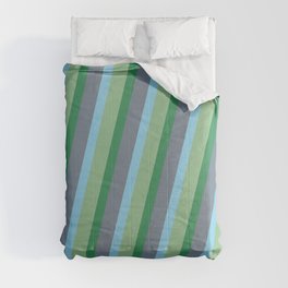 [ Thumbnail: Dark Sea Green, Sea Green, Slate Gray & Sky Blue Colored Striped Pattern Comforter ]