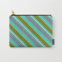 [ Thumbnail: Green, Cyan, Light Slate Gray & Light Blue Colored Stripes Pattern Carry-All Pouch ]