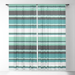 [ Thumbnail: Teal, White, Aquamarine & Black Colored Lined Pattern Sheer Curtain ]