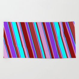 [ Thumbnail: Purple, Plum, Brown, Dark Red & Cyan Colored Lines/Stripes Pattern Beach Towel ]