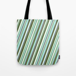 [ Thumbnail: Vibrant Dark Olive Green, Mint Cream, Dark Sea Green, Turquoise & Grey Colored Stripes Pattern Tote Bag ]