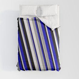 [ Thumbnail: Blue, Dark Grey, White, and Black Colored Stripes/Lines Pattern Comforter ]