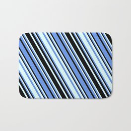 [ Thumbnail: Cornflower Blue, Black, and Light Cyan Colored Striped Pattern Bath Mat ]