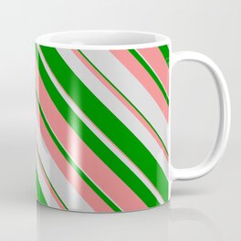 [ Thumbnail: Light Grey, Green & Light Coral Colored Lines/Stripes Pattern Coffee Mug ]