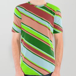 [ Thumbnail: Vibrant Powder Blue, Chartreuse, Brown, Dark Salmon & Dark Green Colored Lined/Striped Pattern All Over Graphic Tee ]