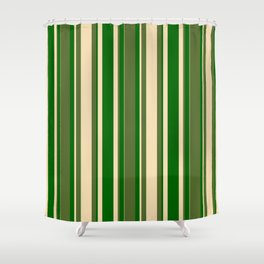 [ Thumbnail: Dark Olive Green, Tan, and Dark Green Colored Lined/Striped Pattern Shower Curtain ]