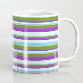 [ Thumbnail: Sky Blue, Green, Dark Orchid, and Light Cyan Colored Striped Pattern Coffee Mug ]