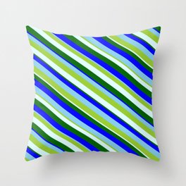 [ Thumbnail: Eye-catching Green, Light Cyan, Dark Green, Blue & Sky Blue Colored Lines/Stripes Pattern Throw Pillow ]
