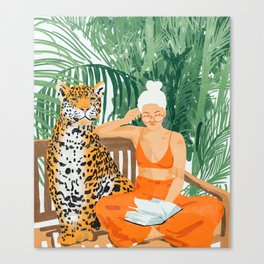Jungle Vacay | Modern Bohemian Blonde Woman Tropical Travel | Leopard Wildlife Forest Reader Canvas Print
