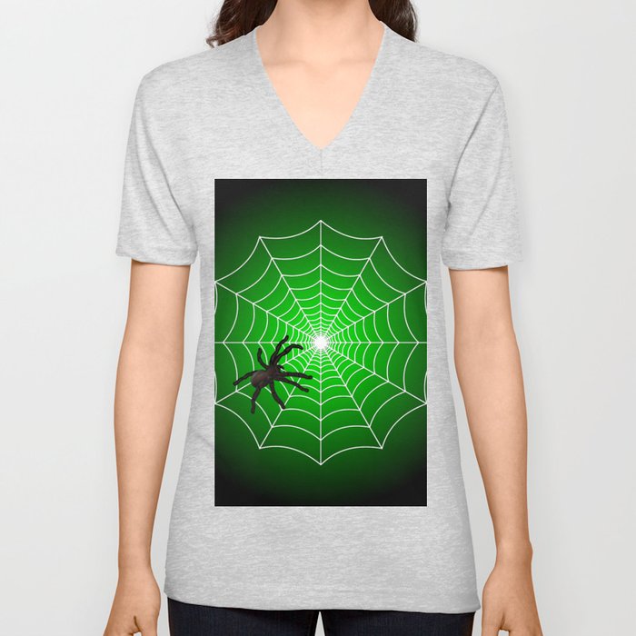 White Spider Web With Spider on Acid Green and Black V Neck T Shirt