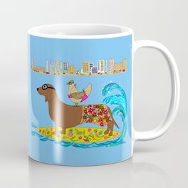 Dachshund on surfboard with chicken Mug