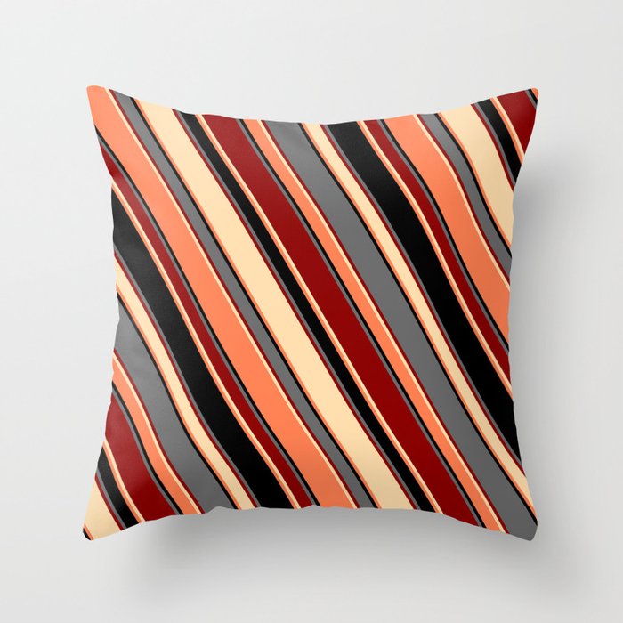 Eye-catching Dim Grey, Dark Red, Tan, Coral, and Black Colored Striped Pattern Throw Pillow