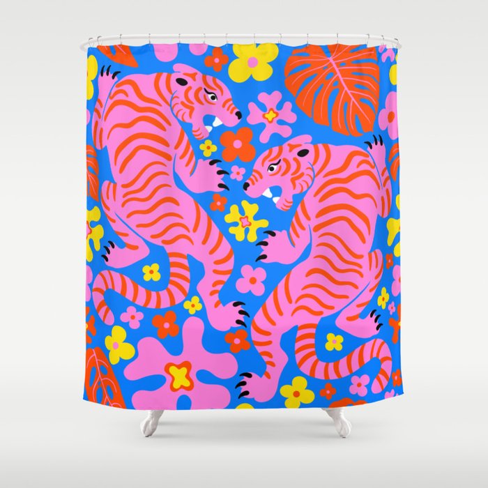 Pink Tigers & Flowers Shower Curtain