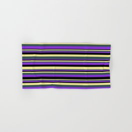 [ Thumbnail: Tan, Dark Slate Gray, Purple, and Black Colored Stripes/Lines Pattern Hand & Bath Towel ]