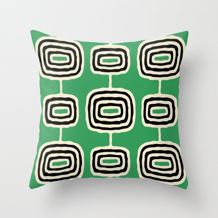 Mid Century Modern Atomic Rings Pattern 237 Black Beige and Green Throw Pillow