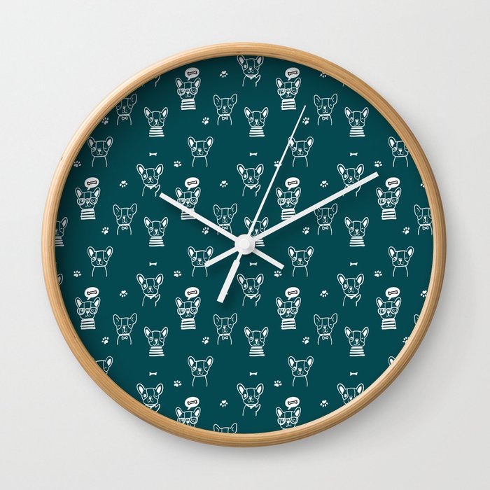 Teal Blue and White Hand Drawn Dog Puppy Pattern Wall Clock