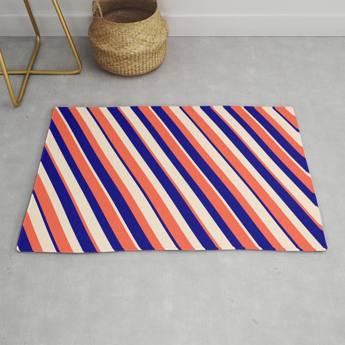 Red, Blue & Beige Colored Striped Pattern Rug