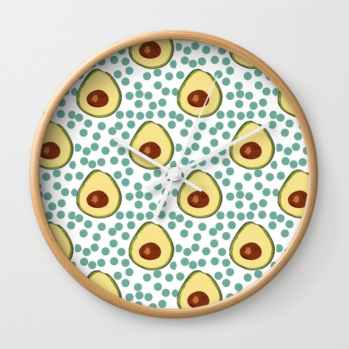 Cute Teal Blue And Yellow Avocado Polka Dot Pattern Wall Clock