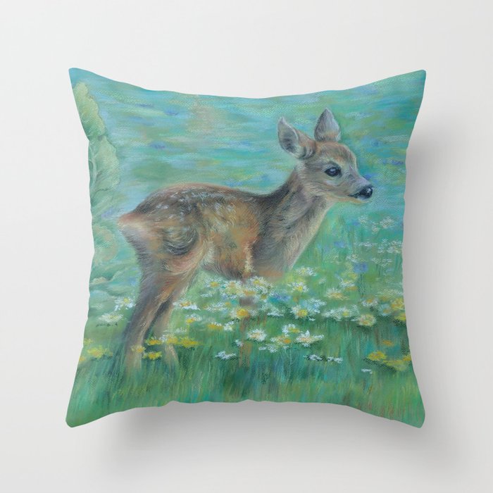 Little Roe on the spring meadow Wildlife Deer Pastel drawing Fawn Throw Pillow