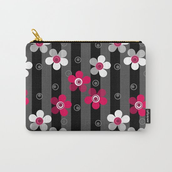 Crimson and white flowers on a black striped background Carry-All Pouch