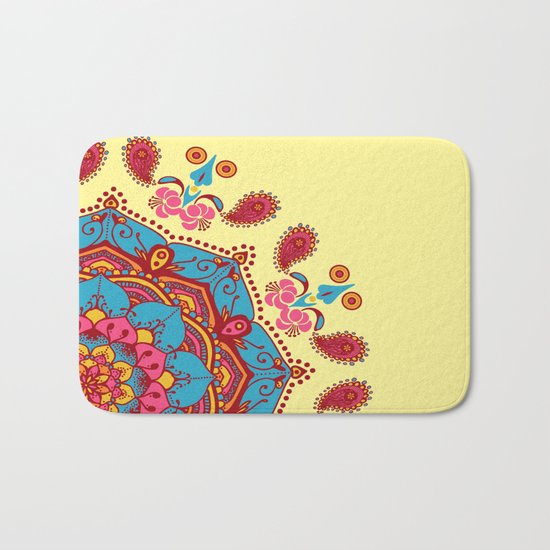 Frondescence Mandala Blue & Pink On Yellow Bath Mat