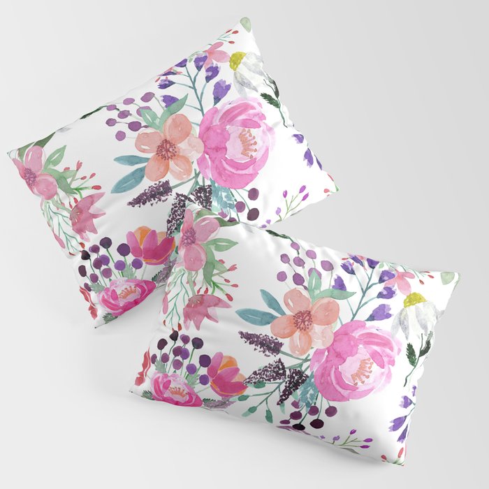 Watercolor pink purple green coral flowers  Pillow Sham