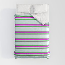 [ Thumbnail: Light Cyan, Lime Green & Fuchsia Colored Lines Pattern Comforter ]