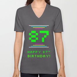 [ Thumbnail: 87th Birthday - Nerdy Geeky Pixelated 8-Bit Computing Graphics Inspired Look V Neck T Shirt V-Neck T-Shirt ]