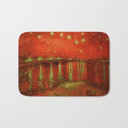 Starry Night Over the Rhone landscape painting by Vincent van Gogh in alternate tangerine orange with yellow gold stars Bath Mat