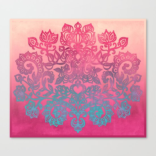 Ombre Canvas Folk Art Doodle in aqua, pink & peach Canvas Print