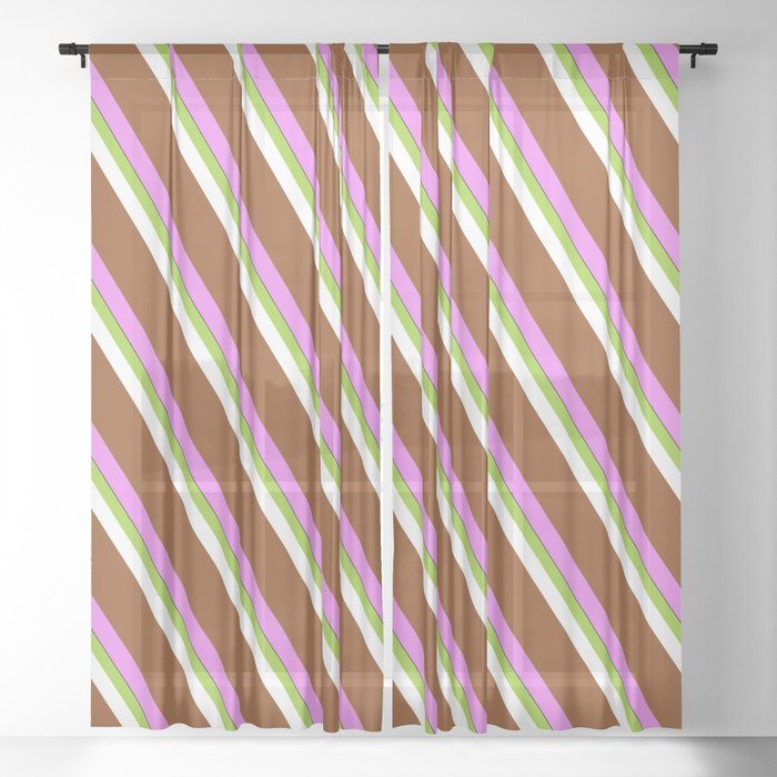 Vibrant Green, White, Brown, Violet, and Black Colored Lines/Stripes Pattern Sheer Curtain