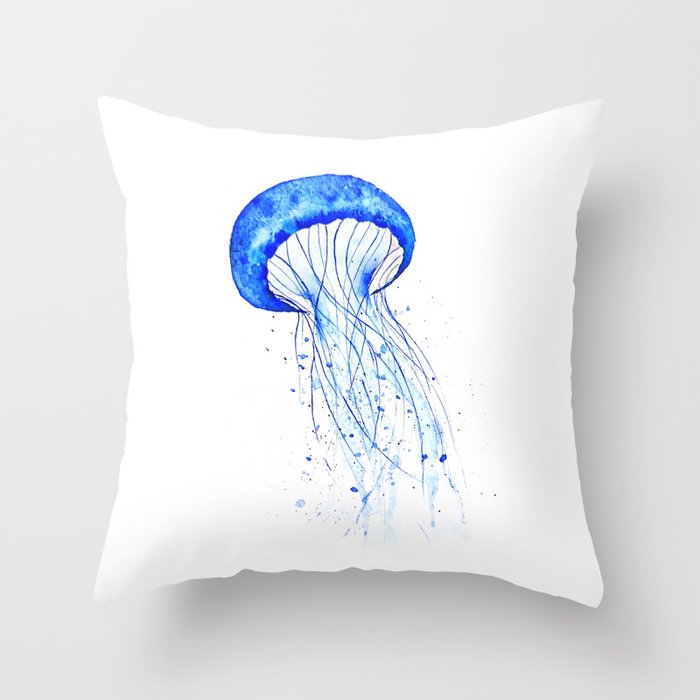 blue jellyfish watercolor Throw Pillow