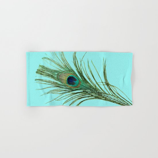 Peacock Feather on Blue Background Hand & Bath Towel