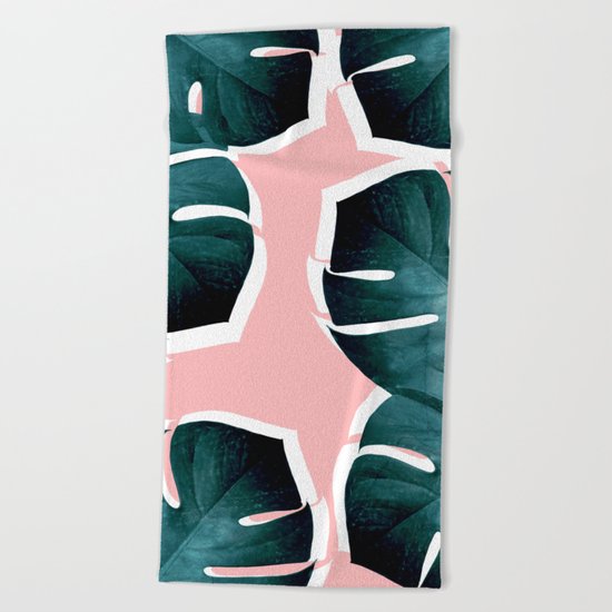 Monstera Leaves on Pink Beach Towel
