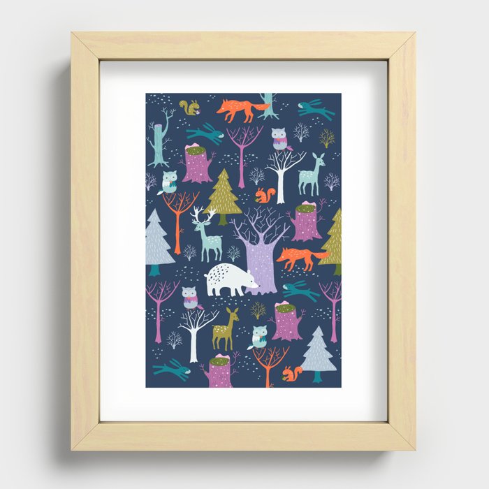 winter woodland animals Recessed Framed Print