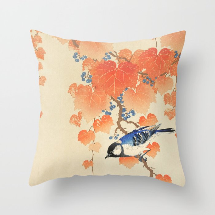 Colorful bird sitting on a tree branch - Japanese vintage woodblock print art  Throw Pillow