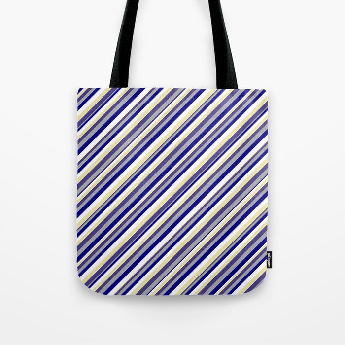 Vibrant Dark Slate Blue, Dark Gray, Dark Blue, White, and Pale Goldenrod Colored Striped Pattern Tote Bag