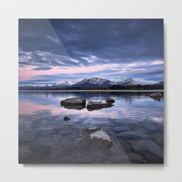 New Zealand Photography - Stones In The Water Under The Cloudy Pink Sky Metal Print