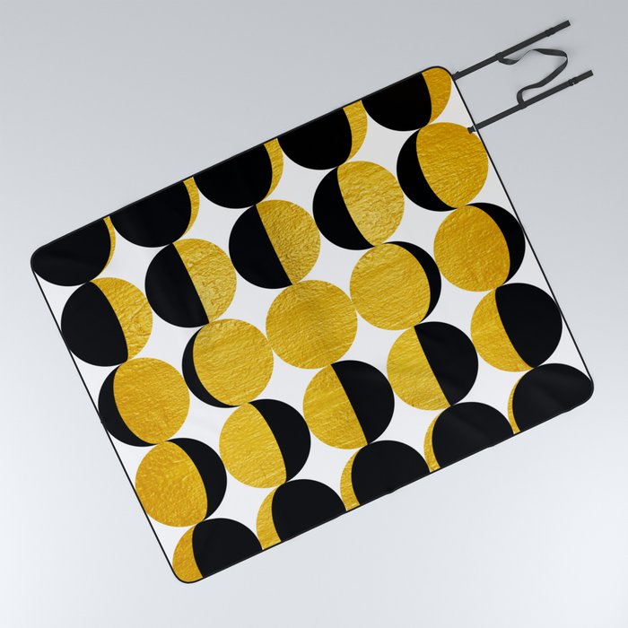 Vintage Mid-century Modern Moon Phases in Gold Picnic Blanket